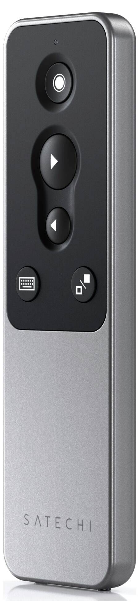 Eine rechteckige, silbergraue SATECHI-Fernbedienung mit vier schwarzen Knöpfen zum Bedienen von Präsentationen.