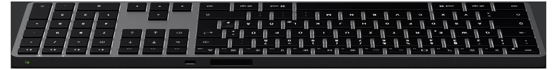 Eine schwarze Computer-Tastatur mit flachem Design, voller Tastenlayout und schwarzem Gehäuse.
