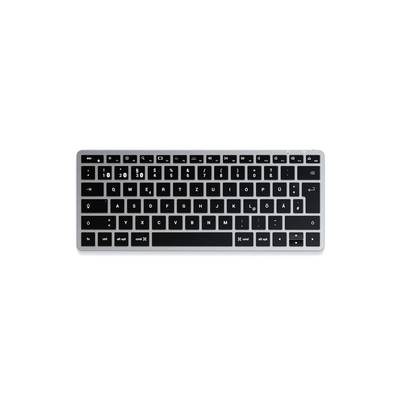 Schwarze Computertastatur mit weißen Buchstaben und Symbolen, auf weißem Hintergrund.