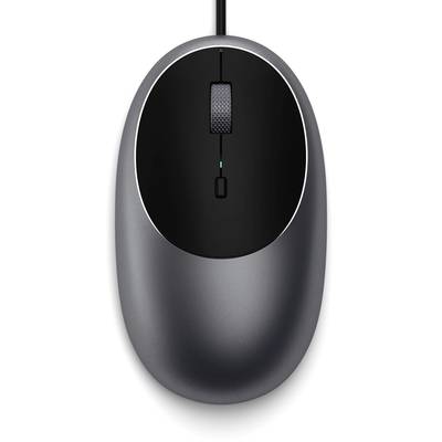 Computermaus in grauer Farbe mit schwarzem Scrollrad, von oben betrachtet. Sie hat ein Kabel, das nach oben führt.