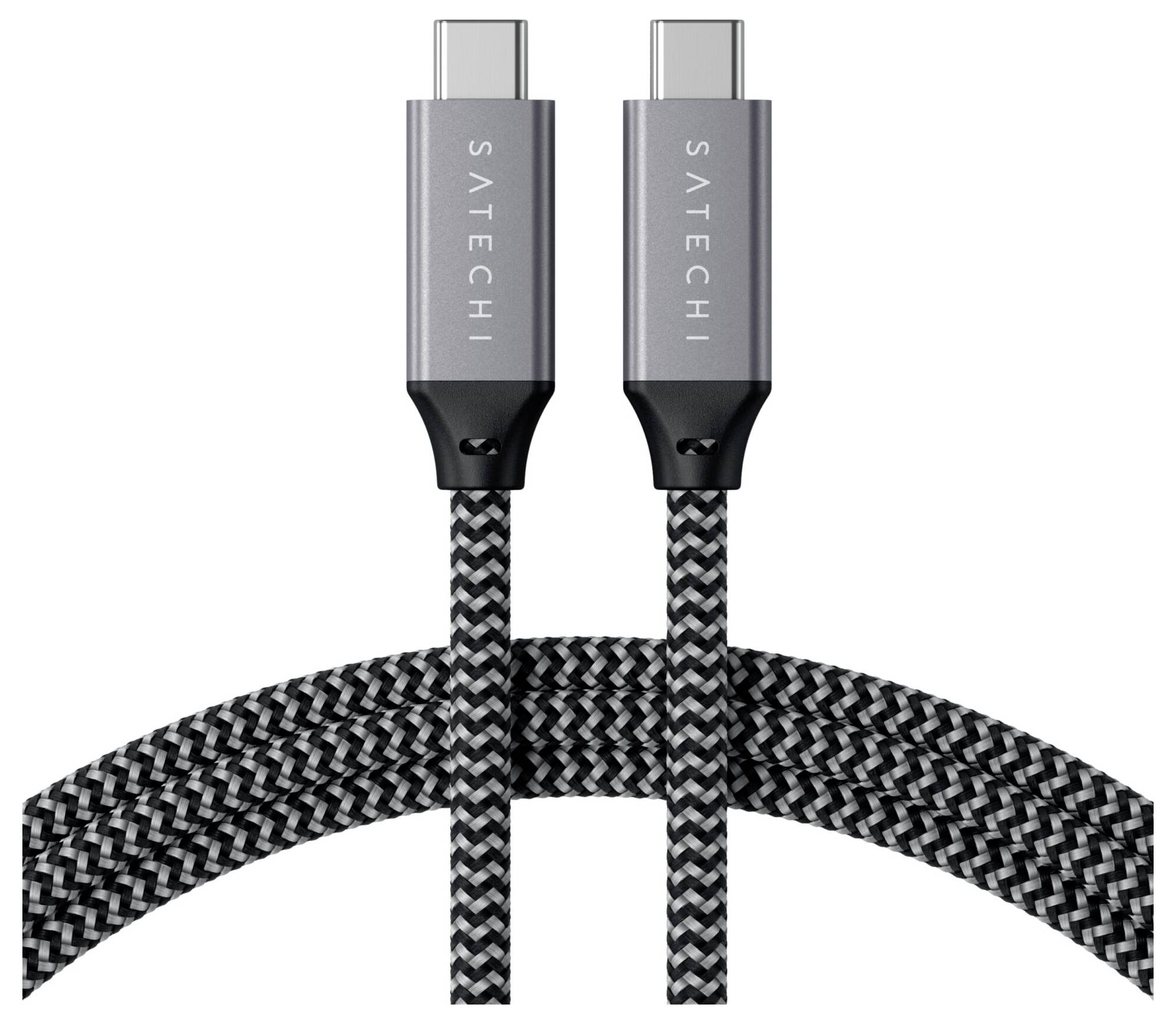 Doppelt gewickeltes, geflochtenes USB-C-Kabel von Satechi, graues Gehäuse, geschickt für schnelles Laden und Datenübertragung.