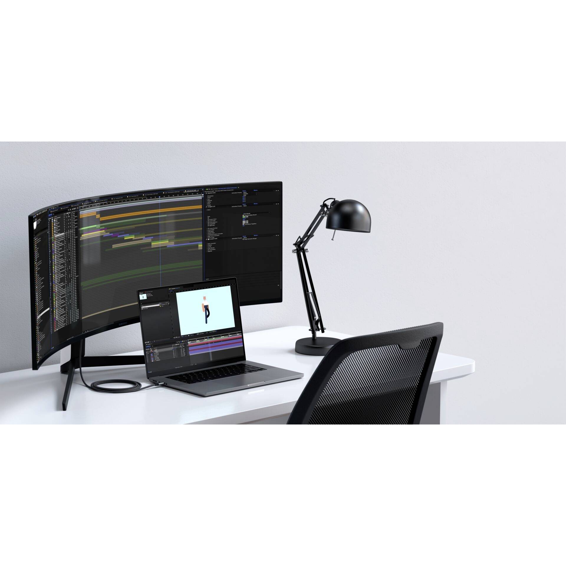 Ein Büroarbeitsplatz mit einem Laptop, der an einen großen, gekrümmten Monitor angeschlossen ist. Daneben steht eine Schreibtischlampe.