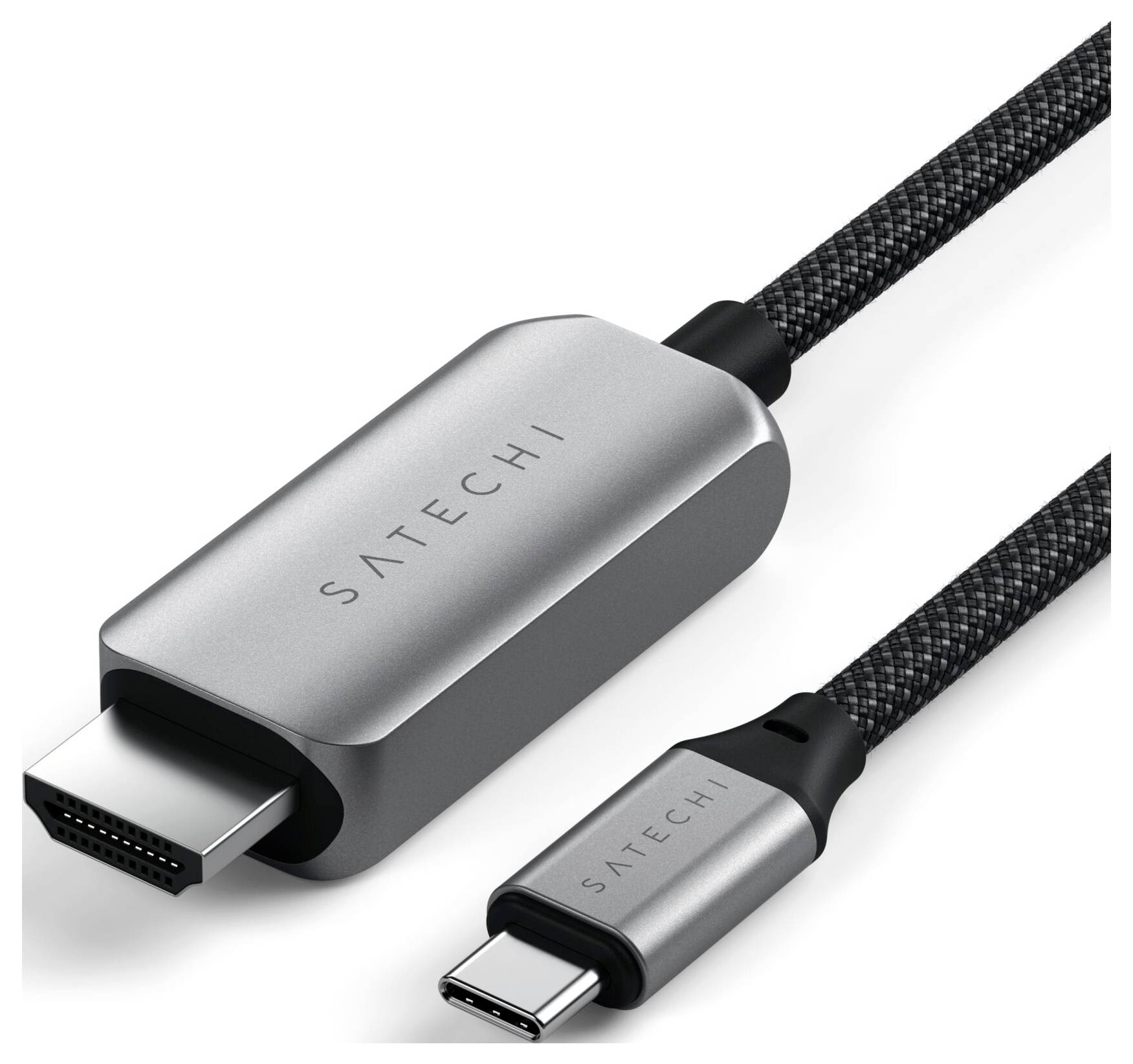 Grau-schwarzes USB-C-zu-HDMI-Kabel von Satechi, ermöglicht Verbindung zwischen Geräten für Audio- und Videoübertragung.