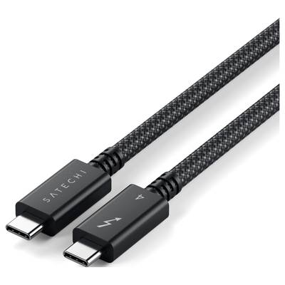 Schwarzes geflochtenes USB-C-Kabel, markiert mit 'Satechi'. Zeigt zwei Endstecker für Datenübertragung und Ladefunktionen.