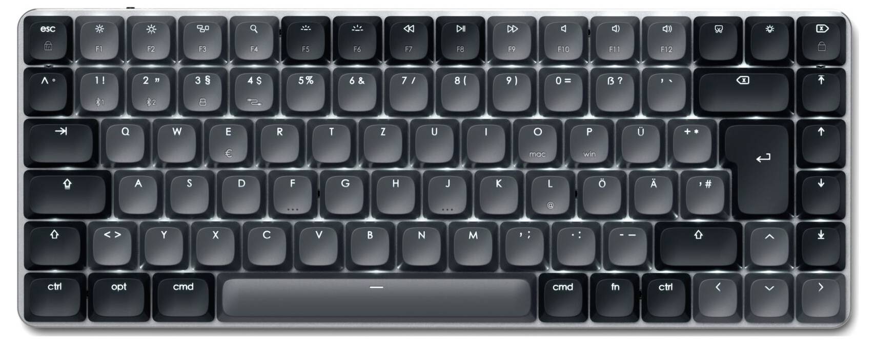 Tastatur in Schwarz mit Hintergrundbeleuchtung, zeigt vollständiges QWERTZ-Layout mit Funktionstastenreihe.