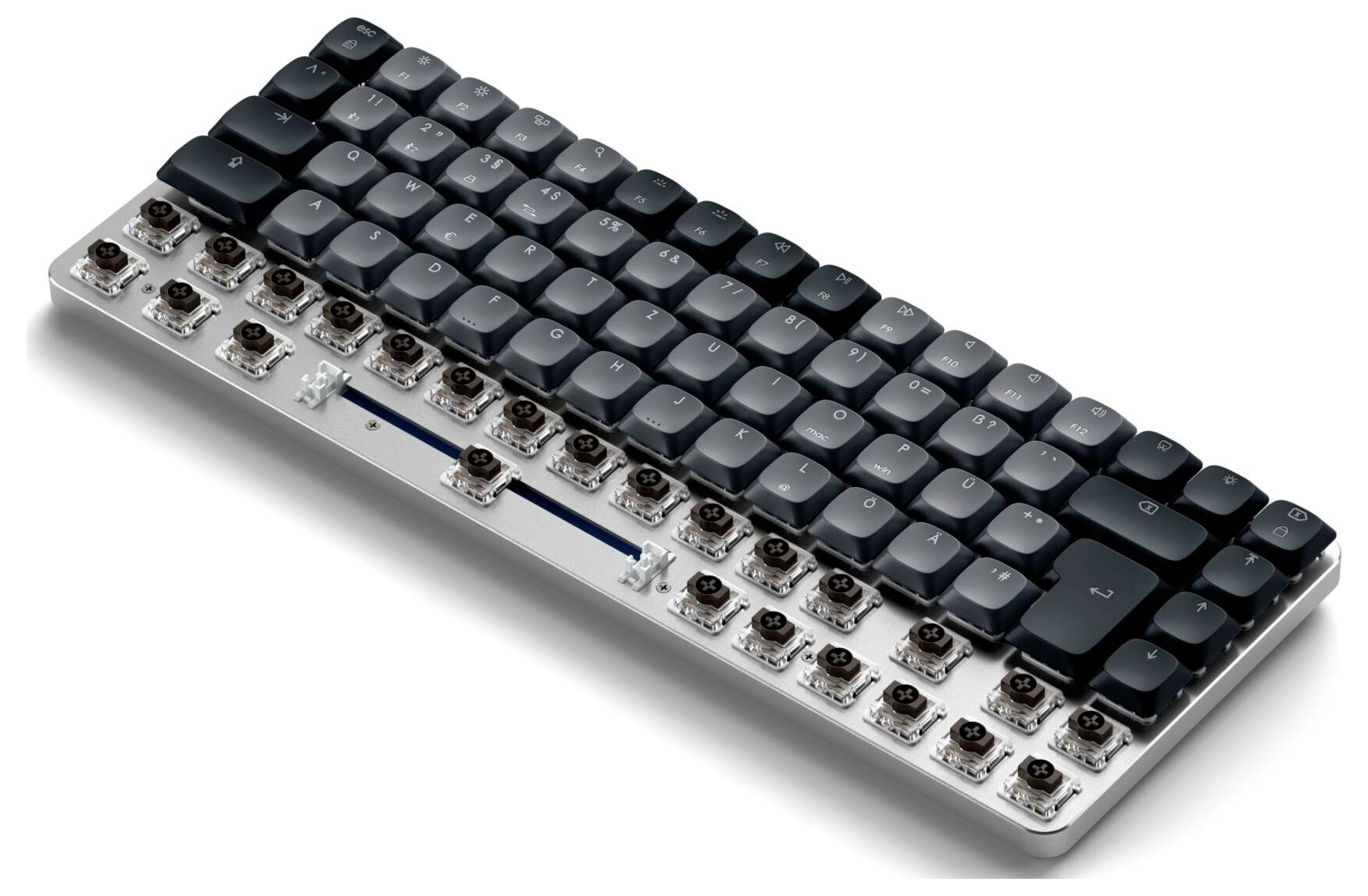 Eine mechanische Tastatur ohne Gehäuse, mit teilweise entfernten Tasten, zeigt die darunterliegenden Schalter.