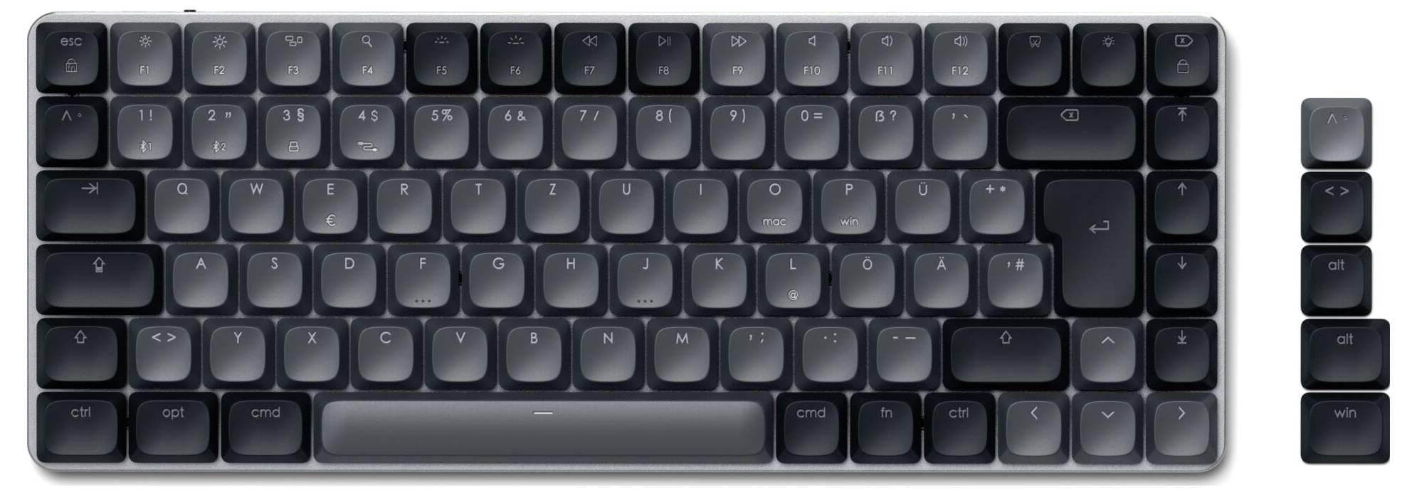 Eine kompakte, schwarze drahtlose Tastatur ohne Ziffernblock, daneben vier separate Tasten in einer Reihe.