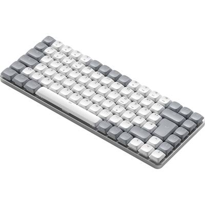 Eine kompakte Tastatur mit grauen und weißen Tasten.