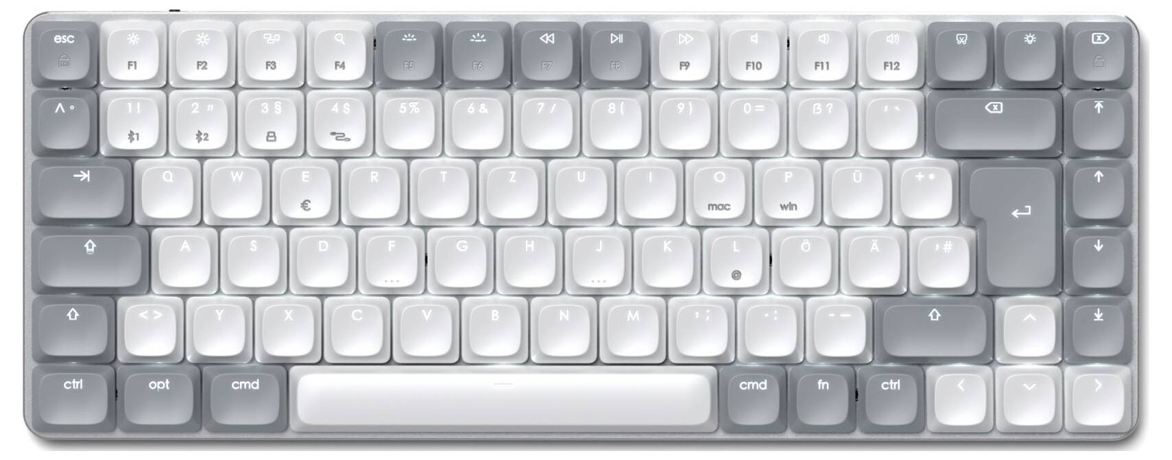 Weiße mechanische Tastatur mit grauen Buchstabentasten und weißen Zifferntasten. Kompaktlayout, ohne Nummernblock.