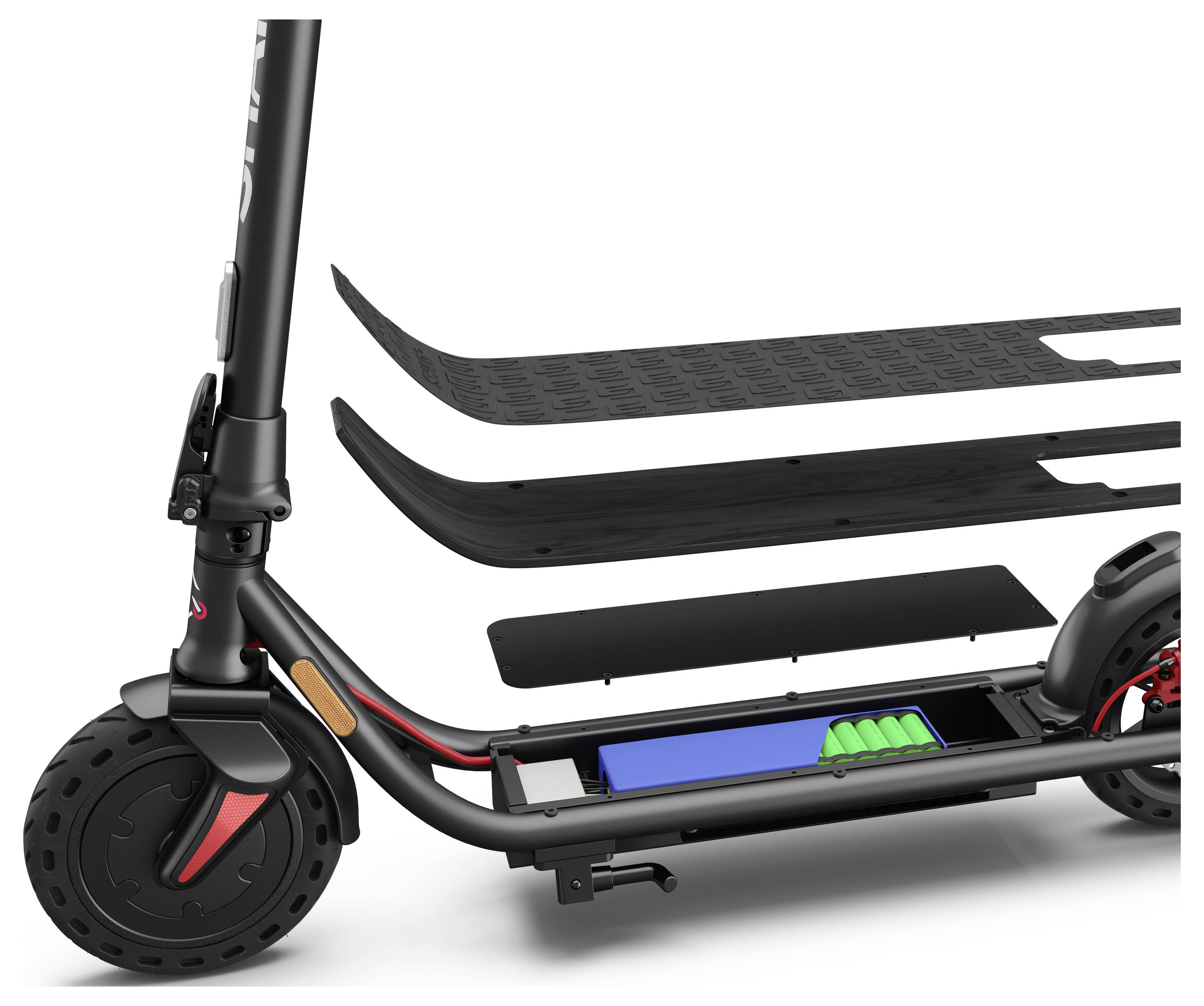 Elektroroller mit Explosionsansicht des Akkus und der oberen Abdeckungen. Zeigt den Aufbau und die Anordnung der Teile.