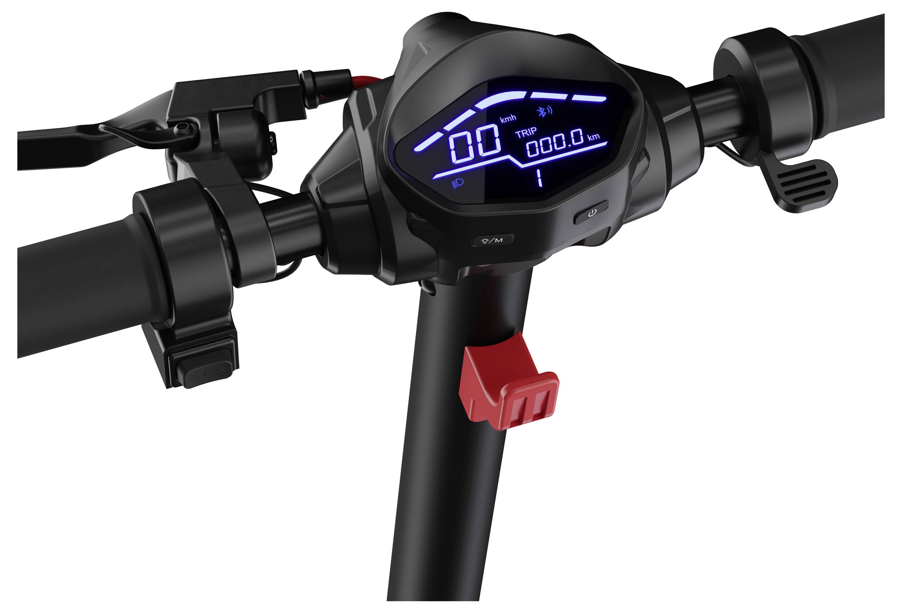 Ansicht eines E-Scooter-Lenkers mit digitalem Display, das Geschwindigkeit und Kilometerstand anzeigt. Bremshebel und Gas sind sichtbar.