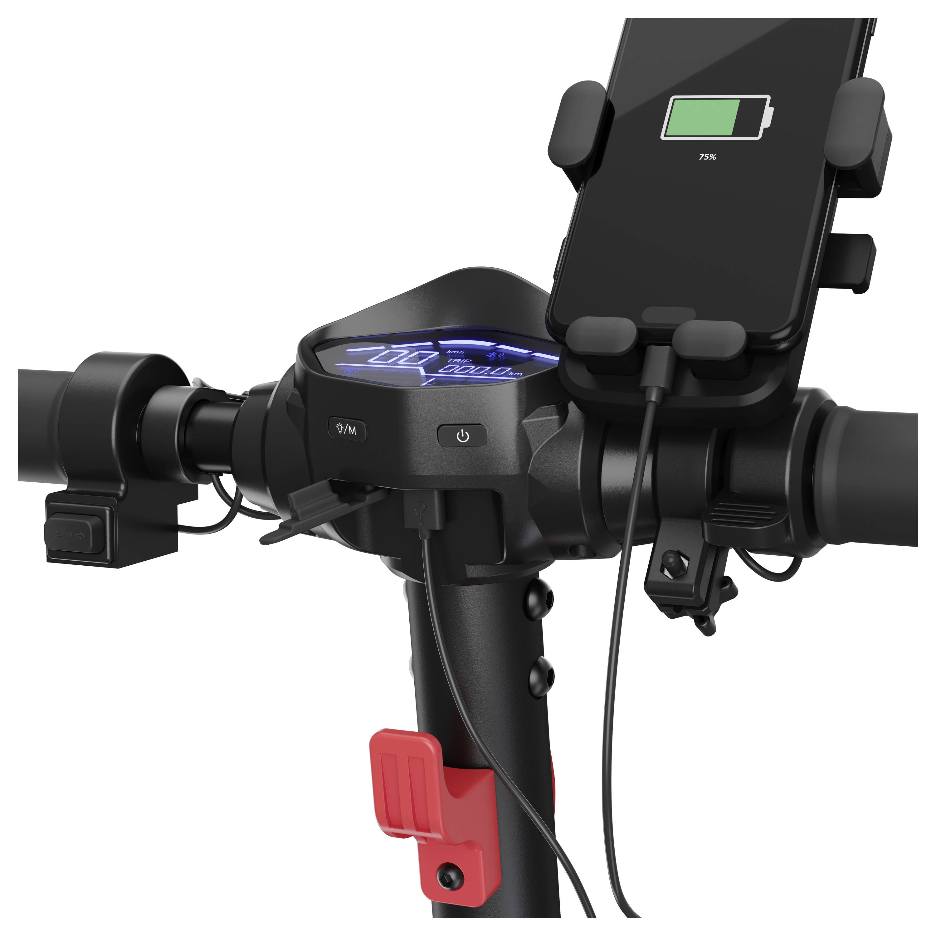 Elektroroller-Lenker mit Digitalanzeige und Smartphone-Halterung, zeigt Ladestand 75 %.