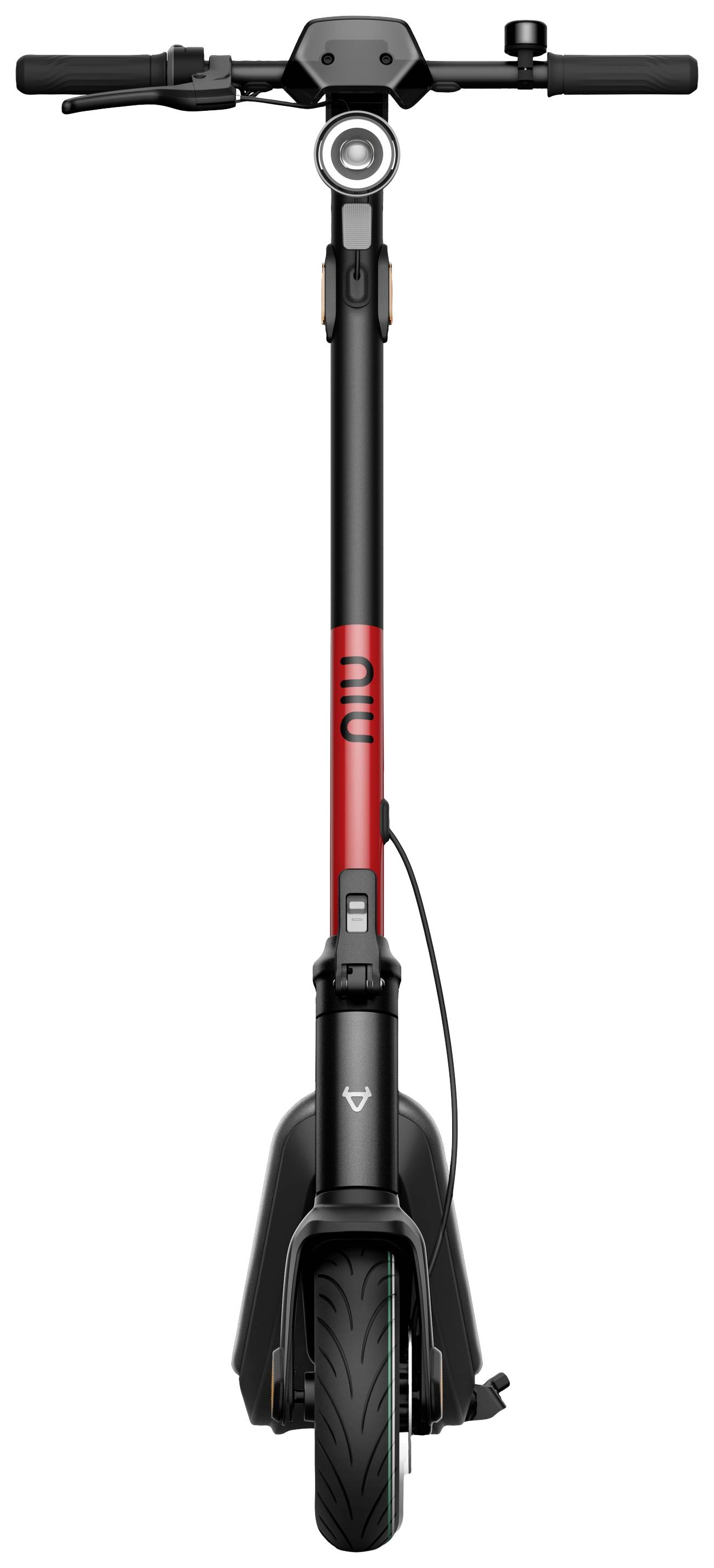 Elektroroller frontal, schwarzer Lenker, rote Säule mit 'niu' Schriftzug, Vorderreifen sichtbar.