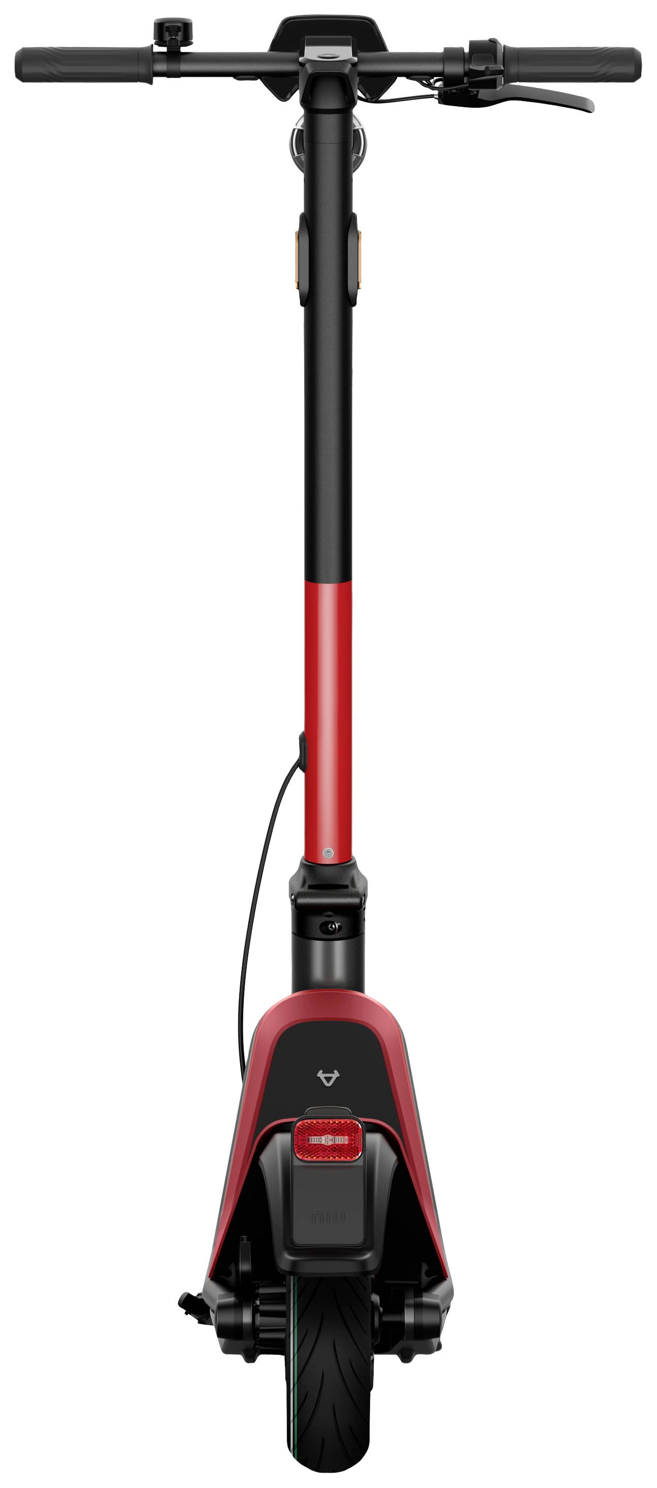 Roter Elektroroller von hinten, mit schwarzem Lenker und Display. Perfekt für den Stadtverkehr; kompakte und moderne Bauweise.