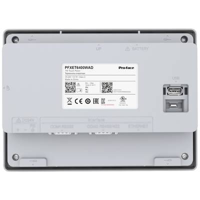 Auf der Rückseite eines elektronischen Geräts mit Typenschild 'PFEXT6400WAD', USB-Anschluss und Hinweis auf Stromversorgung.