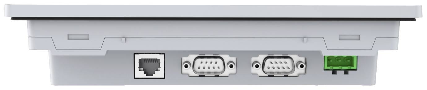 Rückansicht eines elektronischen Geräts mit mehreren Anschlüssen: RJ45-Port, zwei serielle Ports und ein grüner Anschlussblock.