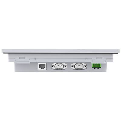 Rückansicht eines elektronischen Geräts mit mehreren Anschlüssen: RJ45-Port, zwei serielle Ports und ein grüner Anschlussblock.