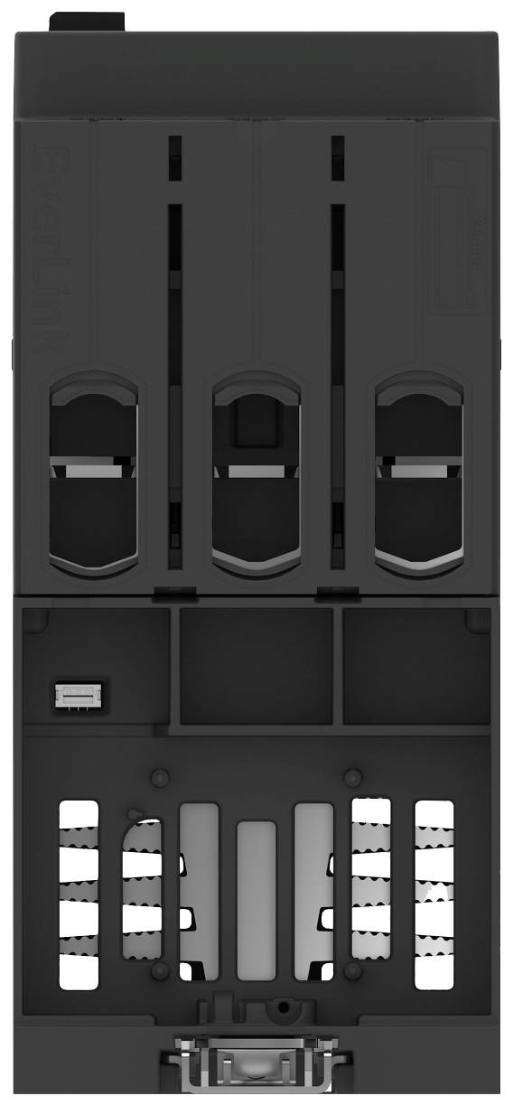 Ein schwarzes elektronisches Gerät mit mehreren Einschüben und einem USB-Anschluss unten.