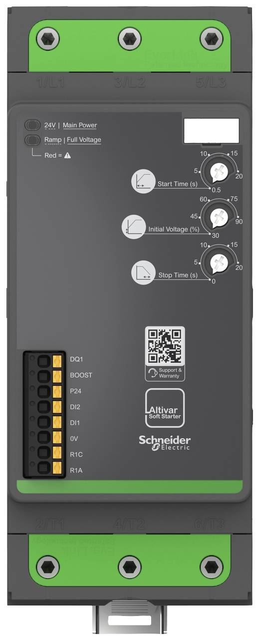 Elektronisches Gerät von Schneider Electric mit grünen Komponenten und einem QR-Code. Drehregler für Start-, Stop- und Spannungszeiten.