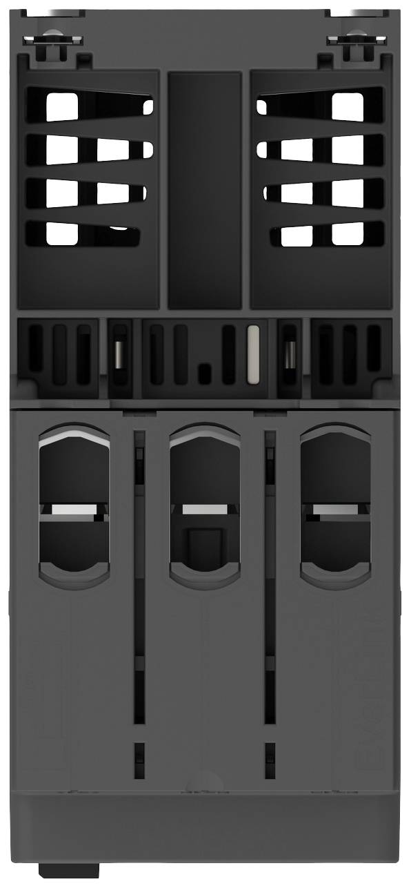 Grauer elektronischer Schaltkasten mit Lüftungsgittern und Steckplätzen, Vorderansicht. Ideal für industrielle Anwendungen.