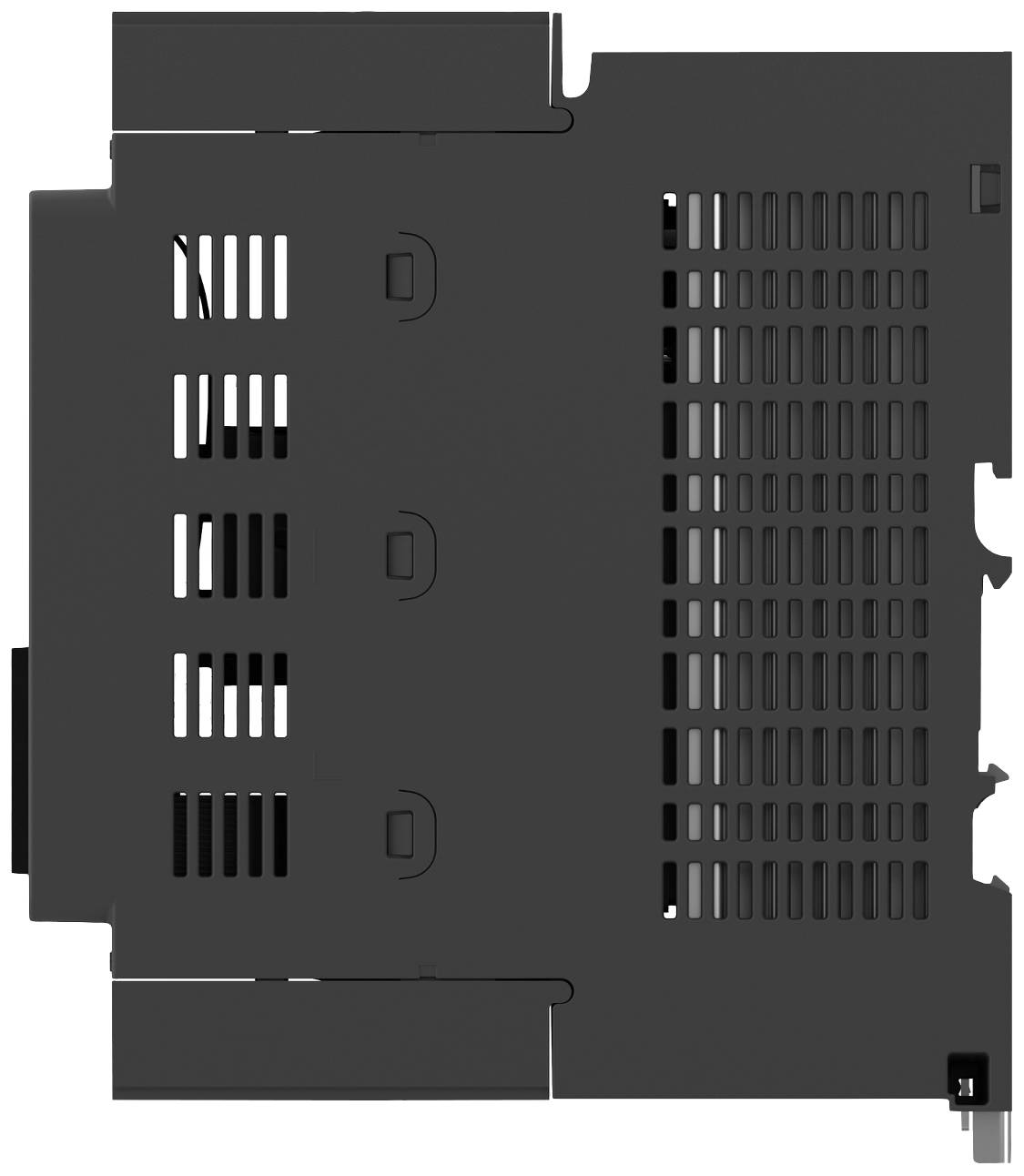 Schwarzes elektronisches Gerät, Ansicht von oben, zeigt Lüftungsschlitze und Montageklemmen auf dem Gehäuse.