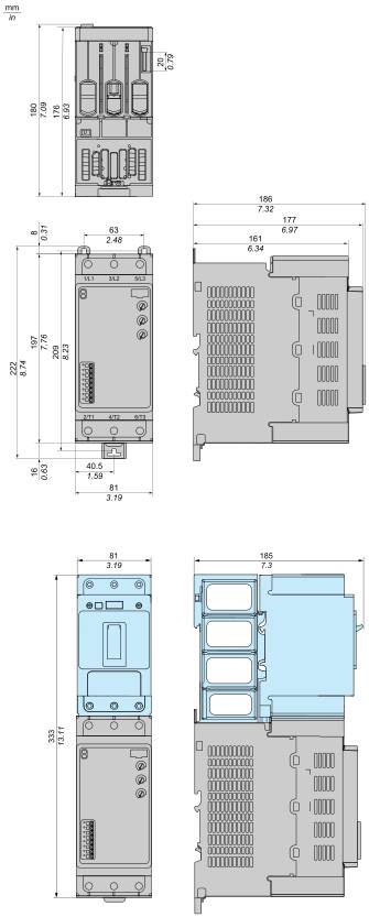 Technische Zeichnung: Oben links Steuergerät, oben rechts Elektronikmodul, unten links mechanisches Gerät, unten rechts Systemkomponente.