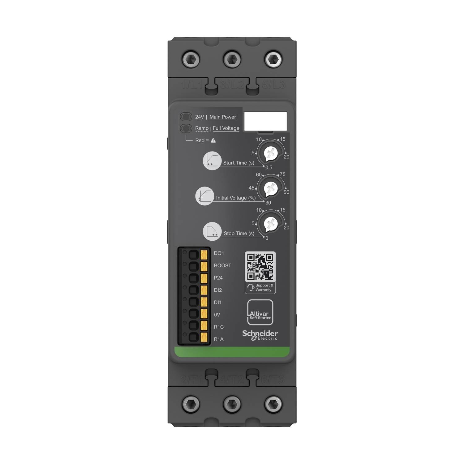 Ein elektronisches Gerät mit mehreren Einstellknöpfen und Anschlüssen zur Spannungsregelung. QR-Code und Herstellerlogo sichtbar.