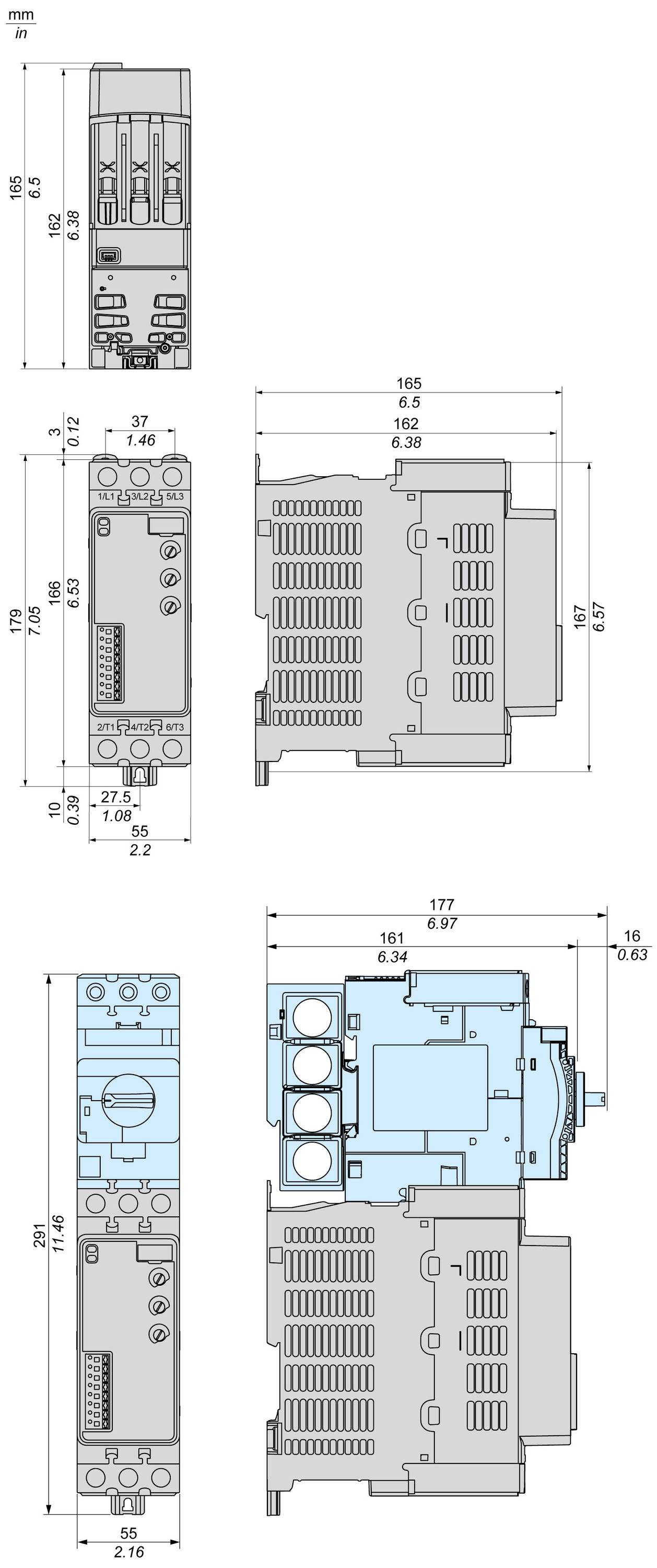 Technische Zeichnung eines elektrischen Bauteils mit detaillierten Abmessungen und Ansichten von verschiedenen Seiten.