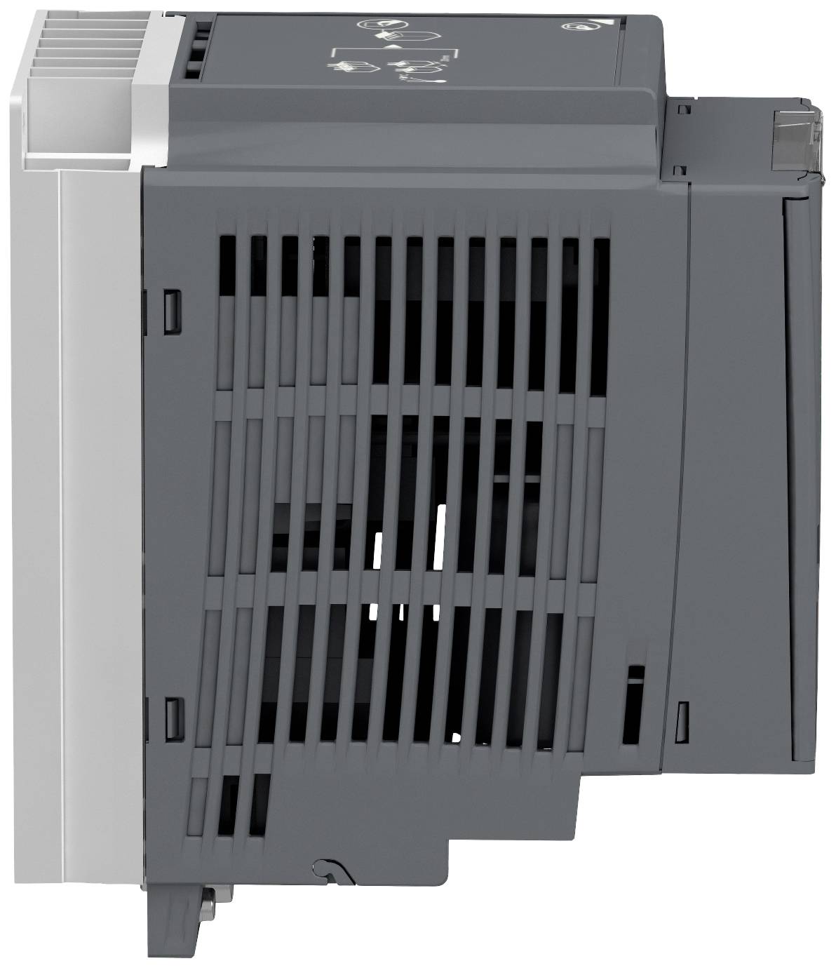 Seitenansicht eines grauen elektrischen Geräts mit Lüftungsschlitzen. Oberseite zeigt einige Symbole und Tasten.