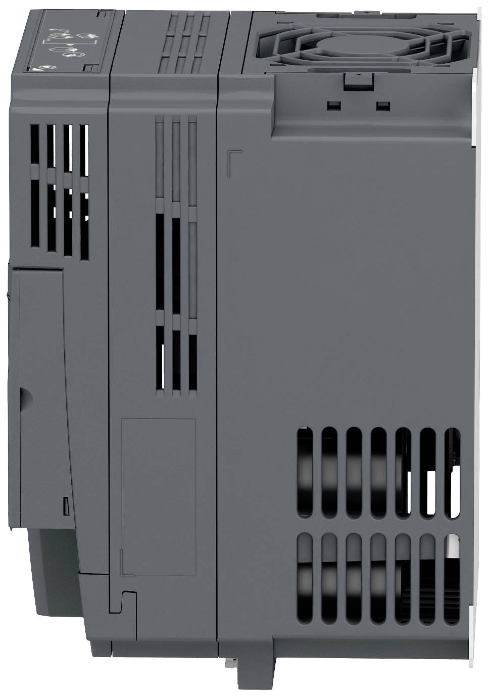 Graues elektronisches Gerät mit Lüftungsschlitzen. Oberseite zeigt Lüfter, Vorderseite hat Anschlüsse. Seitenansicht mit vertikalen Linien.