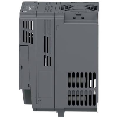 Graues elektronisches Gerät mit Lüftungsschlitzen. Oberseite zeigt Lüfter, Vorderseite hat Anschlüsse. Seitenansicht mit vertikalen Linien.