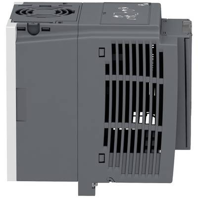 Ein graues elektrisches Kühlgerät mit Lüftungsschlitzen, seitlicher Ansicht, zeigt ein rechteckiges Design und Bedienelemente oben.