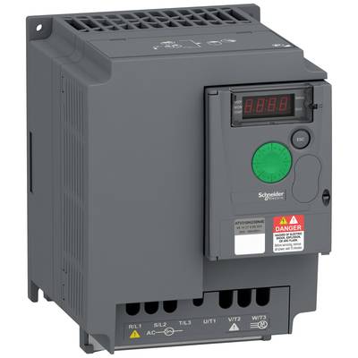 Eine graue Schneider Electric Frequenzumrichter mit grünem Einstellrad und digitalen Display zeigt Null. Warnaufkleber an der Vorderseite.