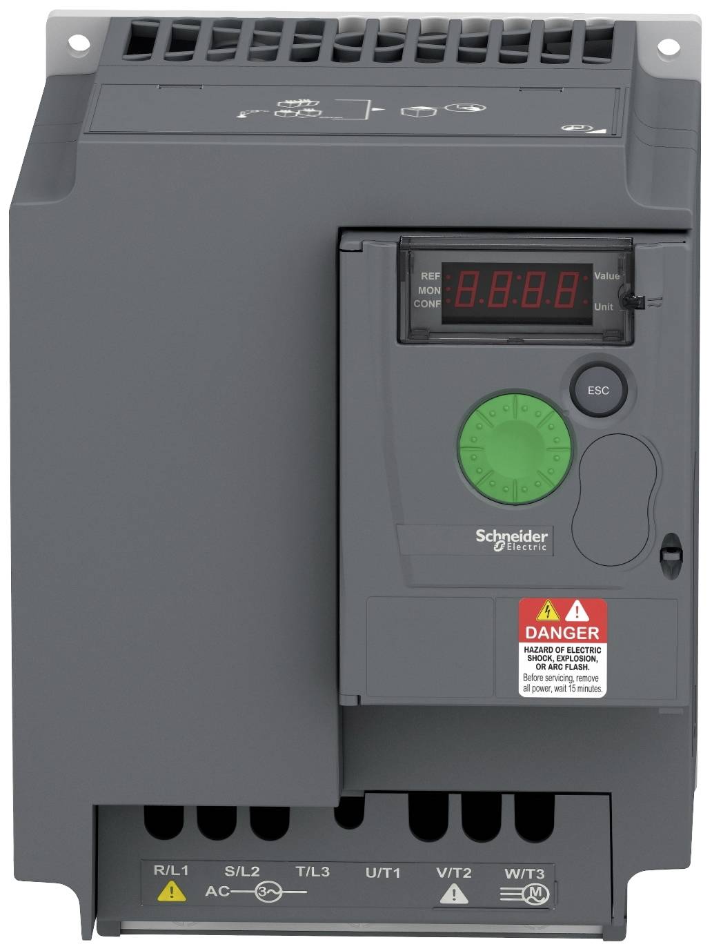 Ein elektronisches Gerät mit digitalem Display und Steuerungsknopf, möglicherweise ein Frequenzumrichter von Schneider Electric.