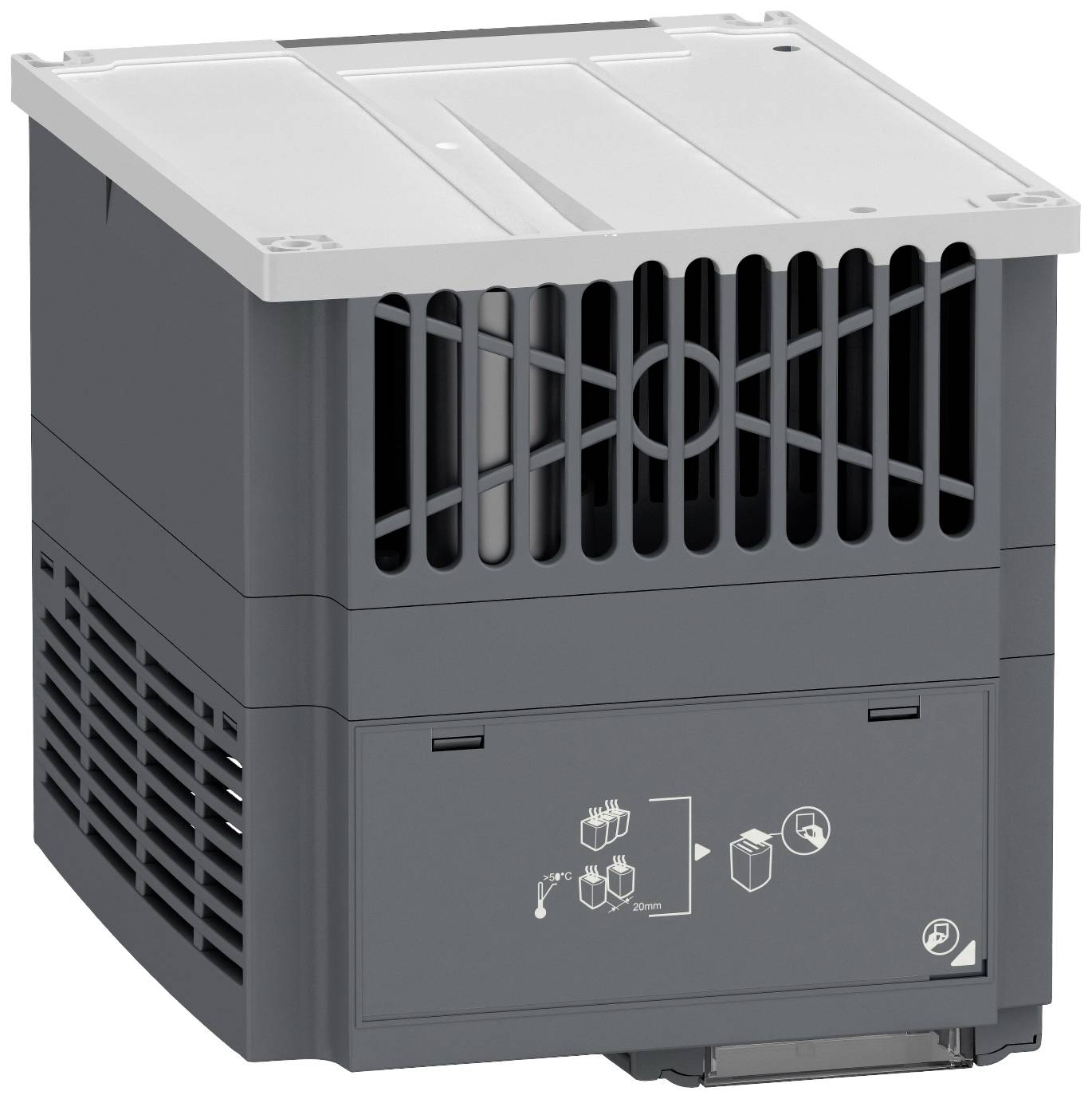 Ein graues elektrisches Gerätegehäuse mit Lüftungsgittern an der Vorderseite und Symbolen darunter. Hauptsächlich zur Belüftung genutzt.