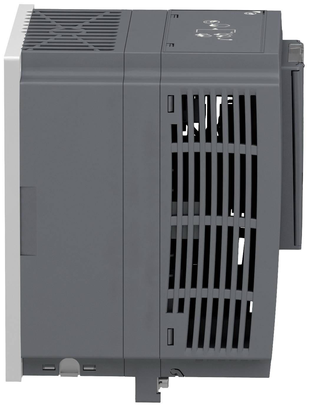 Grauer elektronischer Luftentfeuchter von der Seite, mit Lüftungsschlitzen und Bedienelementen oben sichtbar.