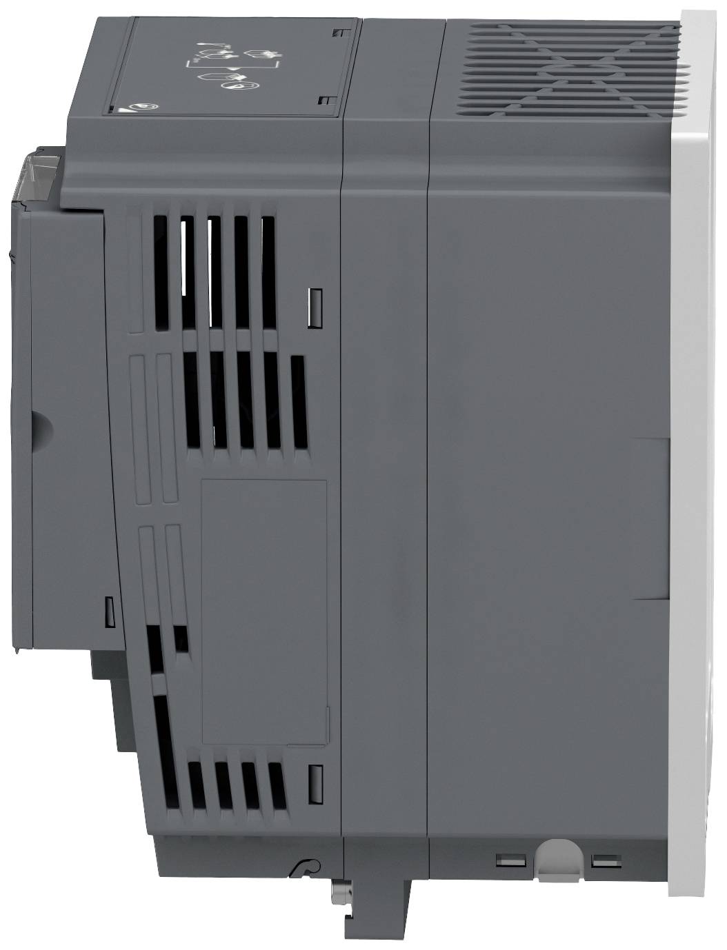 Seitliche Ansicht eines grauen elektronischen Geräts mit Lüftungsschlitzen und einem Auswurfmechanismus auf der linken Seite.