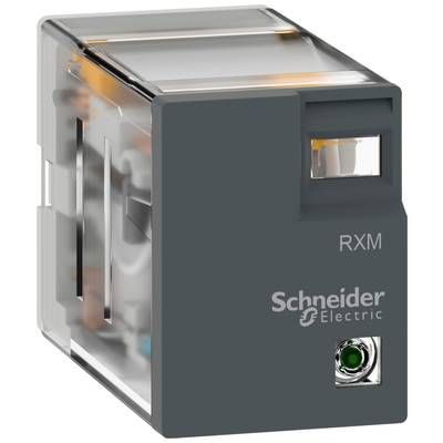 Ein graues Relais von Schneider Electric mit der Aufschrift 'RXM'. Der grüne Schalter befindet sich unten rechts.