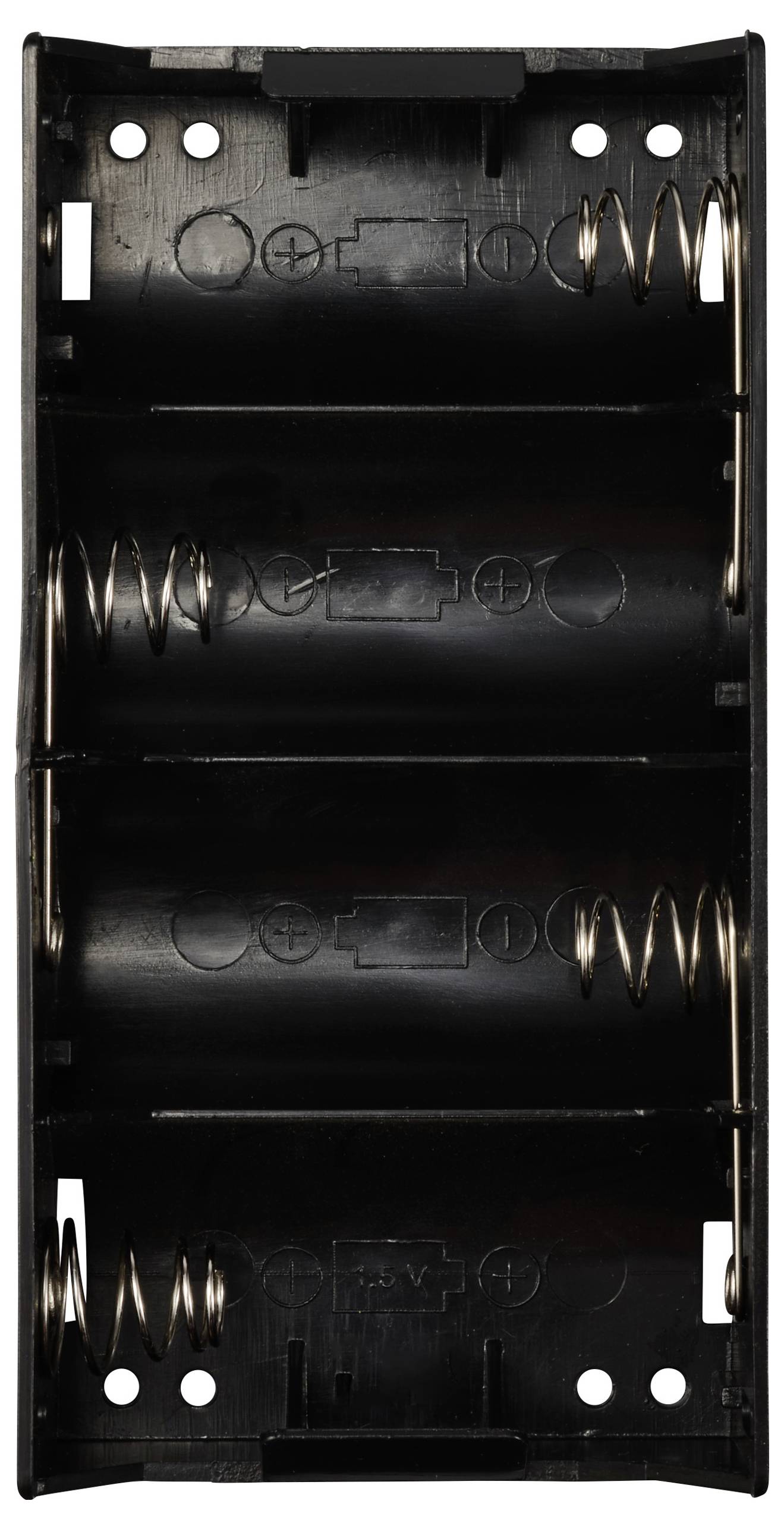 Ein schwarzer Batteriehalter für vier AA-Batterien mit Metallfedern und Kontakten zur Verbindung.