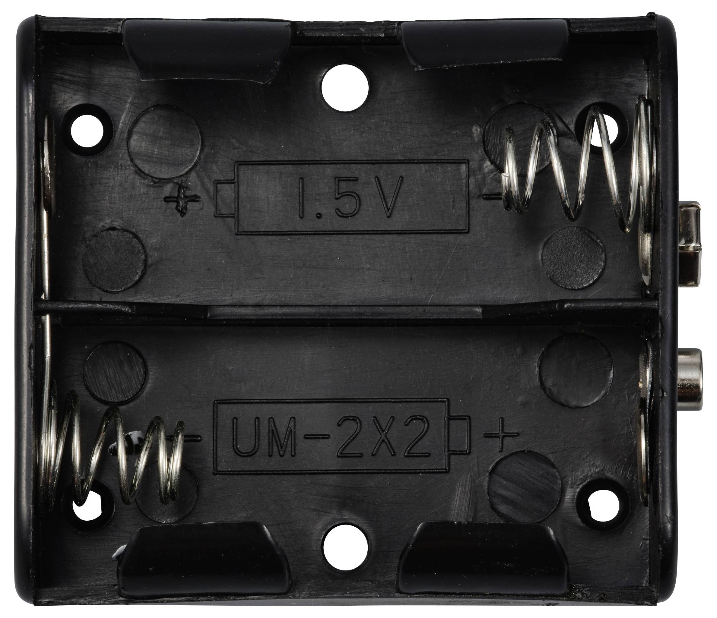 Batteriehalter für zwei 1,5V AA-Batterien, Federkontakte für sicheren Halt, schwarzes Kunststoffgehäuse.