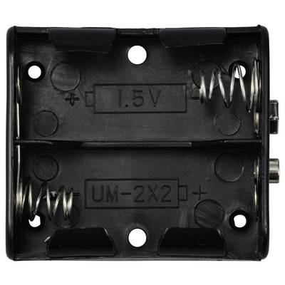 Batteriehalter für zwei 1,5V AA-Batterien, Federkontakte für sicheren Halt, schwarzes Kunststoffgehäuse.