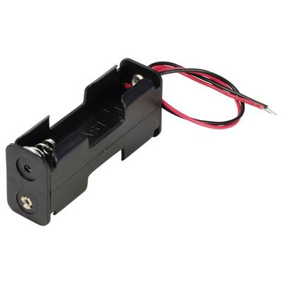 Schwarzer Batteriefachhalter für eine AA-Batterie mit roten und schwarzen Drähten zum Anschluss.