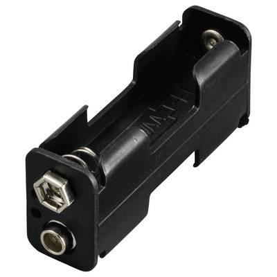 Einzelner schwarzer Batteriehalter aus Kunststoff, passend für eine 9-Volt-Batterie, mit Federmechanismus und Kontaktklemmen.