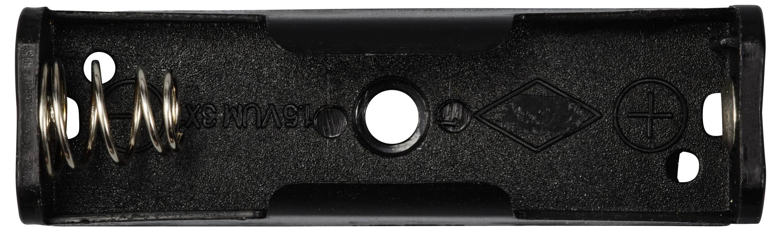 Schwarze Batteriehalterung mit Metalfedern links und Kontaktsymbolen rechts.