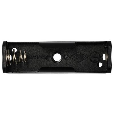 Schwarze Batteriehalterung mit Metalfedern links und Kontaktsymbolen rechts.