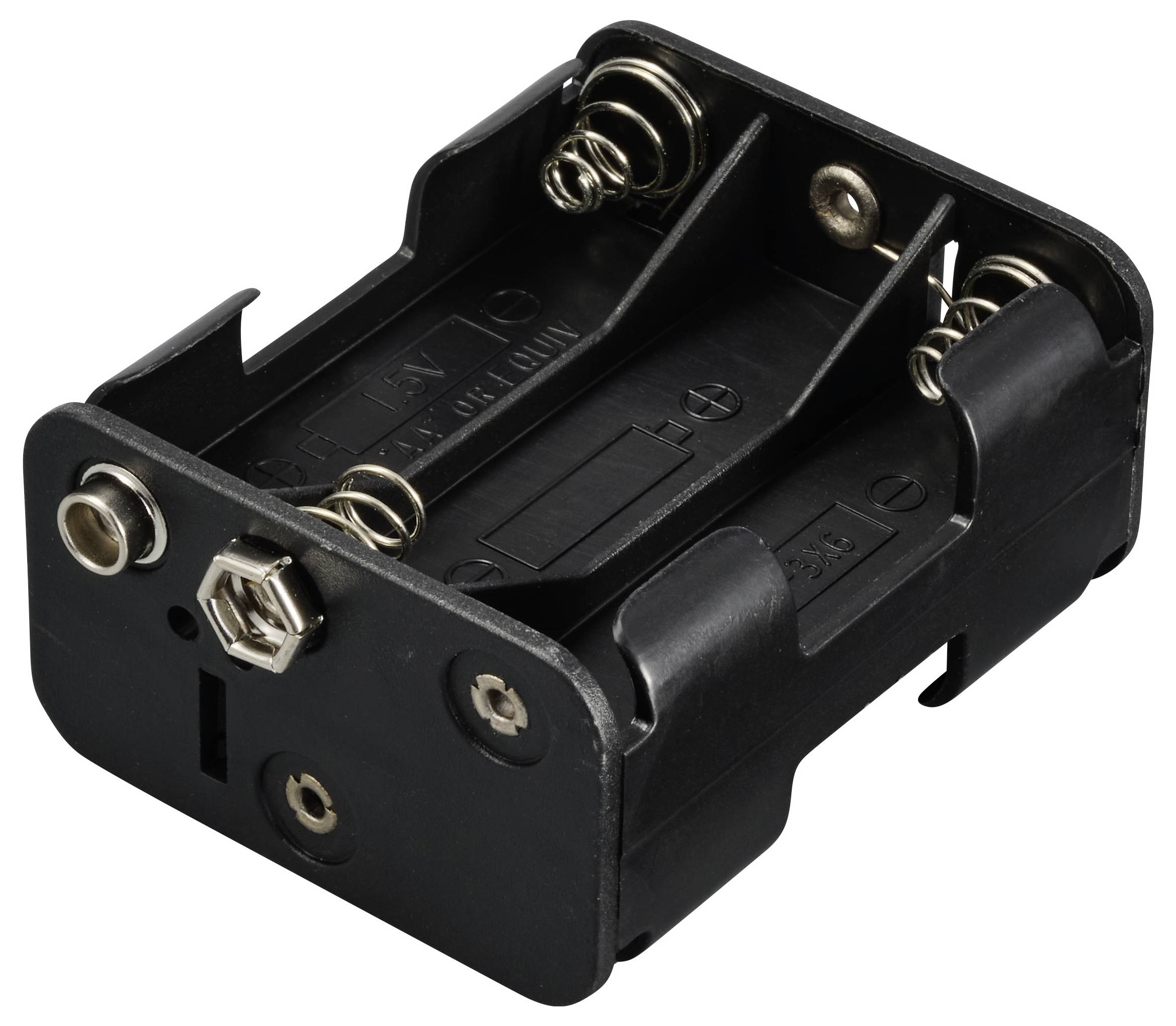 Batteriehalter aus schwarzem Kunststoff für zwei AA-Batterien, mit Metallkontakten und Federmechanismus.
