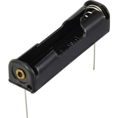 Batteriehalter für eine AA-Batterie mit zwei Metallpins unten, schwarzem Kunststoffgehäuse und federndem Kontakt.