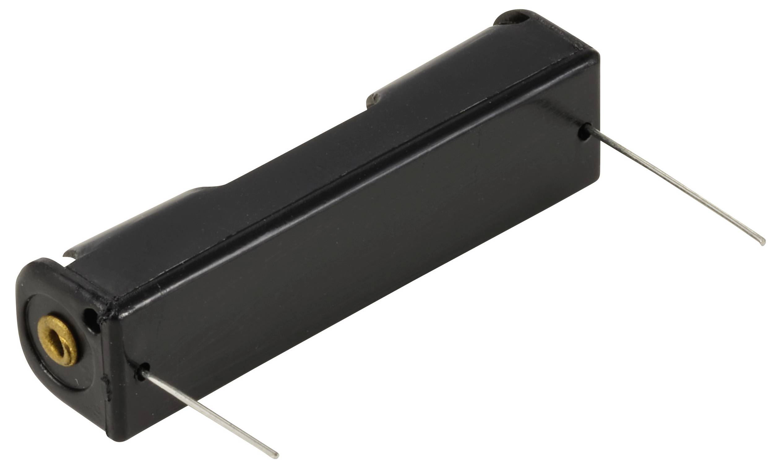 Ein schwarzer, rechteckiger elektronischer Bauteil mit zwei hervorstehenden Metallstiften an den Enden, möglicherweise eine Sicherungshalterung.