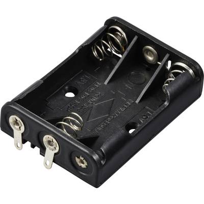 Kunststoffhalterung für vier AA-Batterien, mit Metallkontakten und Spiralfedern in einem rechteckigen Gehäuse.