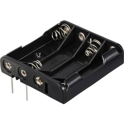 Schwarzer Batteriefachhalter mit Platz für zwei AA-Batterien, ausgestattet mit Federn und Anschlusspins für die Montage.